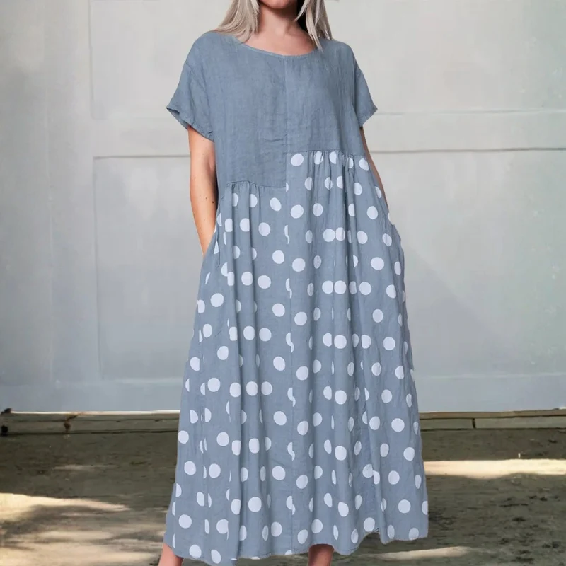 Icone™ PolkadotDress: Avslappnad Lösa Fit Polkadot Maxi Klänning
