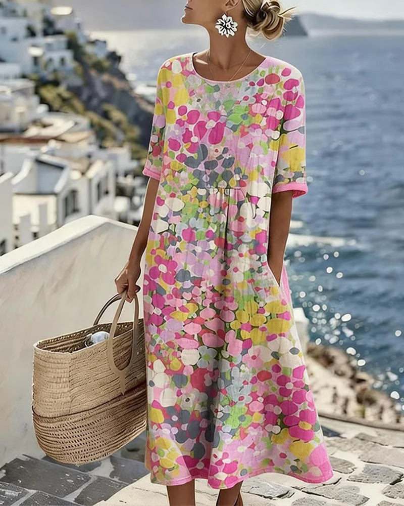 Icone™ PocketDress: Avslappnad Flowy Loose Tryckt Pocketklänning
