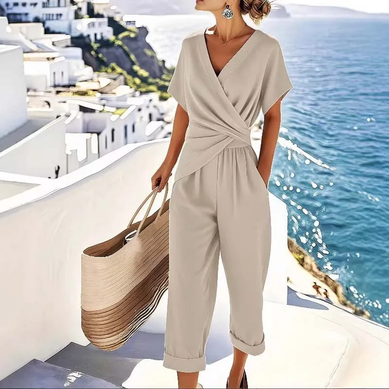 Icone™ ElegantWear: Elegant V-Ringad Daglig Topp Och Högmidjade Byxor Set
