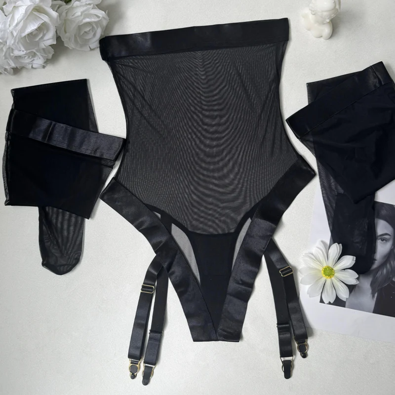 Icone™ SheerBodysuit: Förförisk Svart Skir Strumpeband Bodysuit