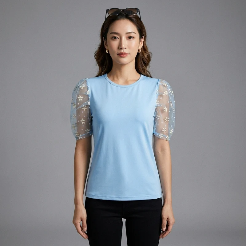 Top Fleuri Col Rond Manches Ballons