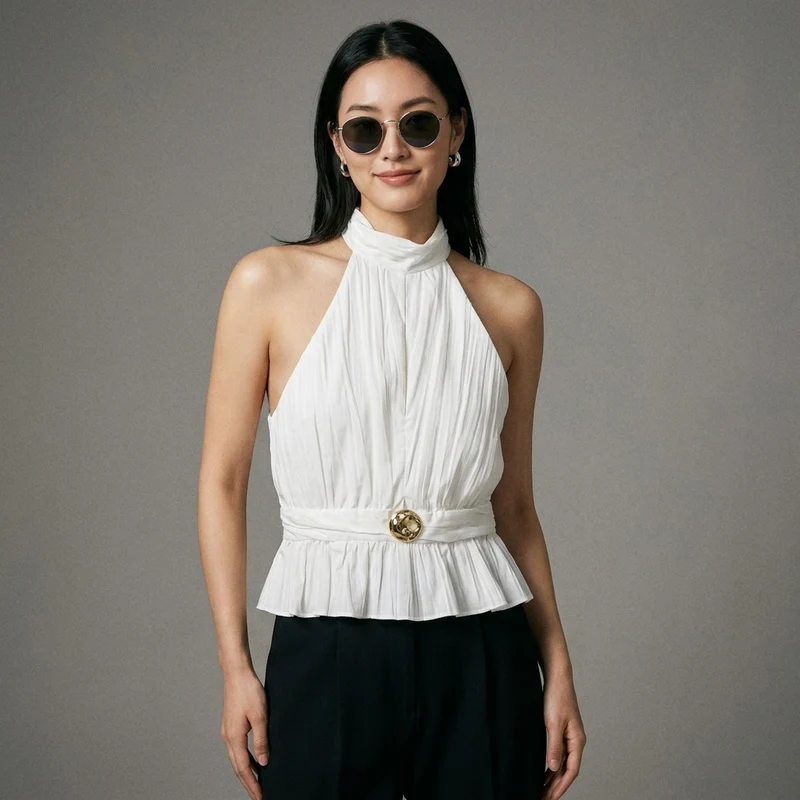 Top Plissé Col Halter Épaule Dénudée
