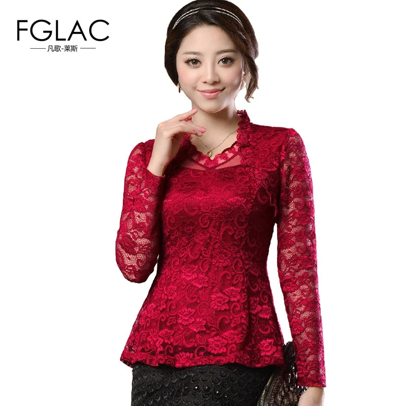 FGLAC 2019 Spring Woman lace shirt Hollow out Fashion Casual long sleeve blouse Shirt female Plus size Floral lace Tops