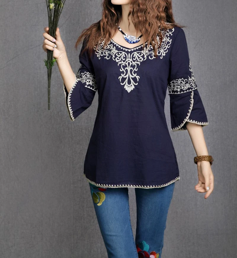 Women Embroidery Cotton Casual Shirts