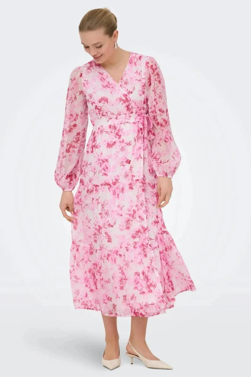 Only - Onlmiriam Ls Wrap Midi Dress - 5018335 Pink Marshmallow Porcelain Flowers