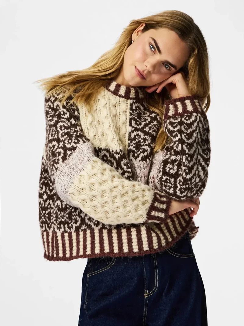 Pieces - Pcfusion Ls O-Neck Colorblock Knit - 5129668 Greige Natural Tones Colorblock