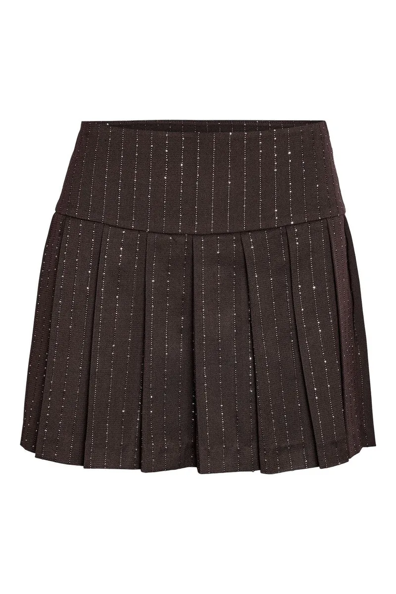 Noisy May - Nmcelia Rhinestone Pleat Skirt - 5143197 Chocolate Brown Sequin Pinstripes