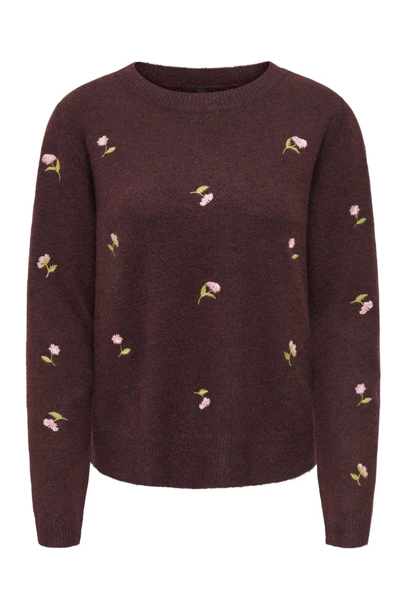 Only - Onlshine Ls Embroidery O-Neck Cc Knt - 5100611 Fudge Mel/Flower Body/Beech/Pale L/Birch