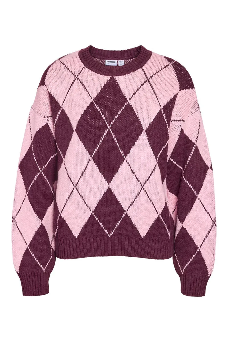 Noisy May - Nmacy L/S O-Neck Argyle Knit - 5033779 Fig Romance Rose