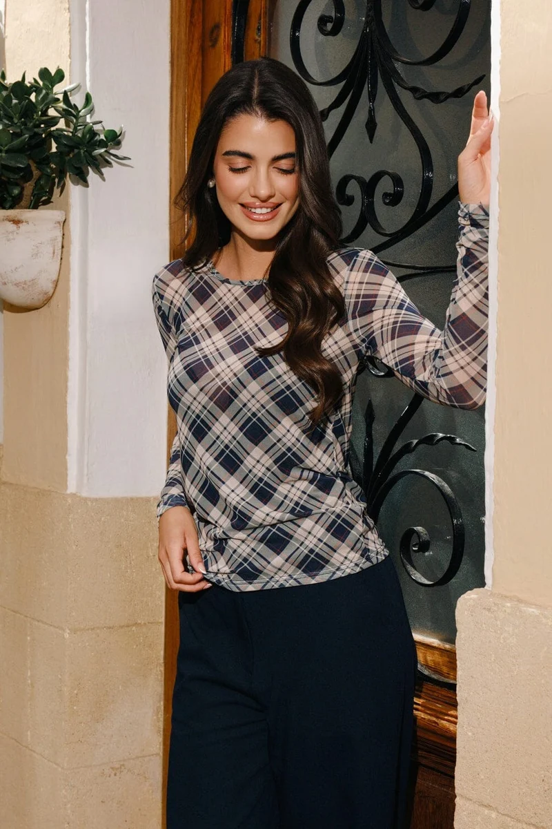 Liberte - Mesh Ls Tshirt 22065 - Navy Army Check