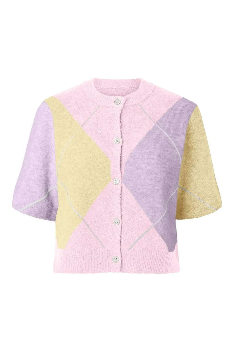 Pieces - Pcsally Ss Knit Check Cardigan - 5133917 Roseate Spoonbill Yellow/Birch/Purple