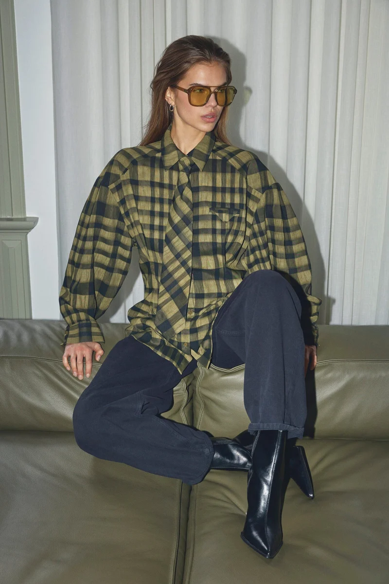 Co´Couture - Kyelcc Check Tie Pleat Shirt 500381 - 60004 - Army