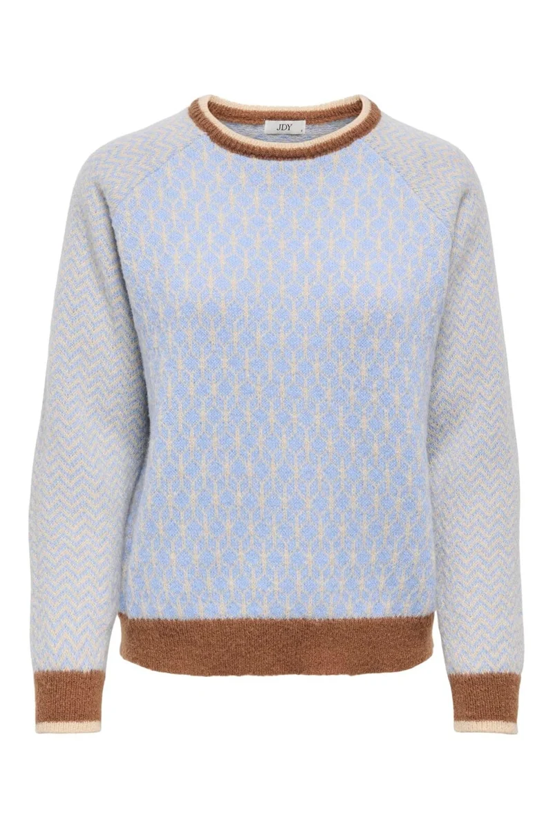 JDY - Jdybryn Life L/S Oneck Jacq Pullover Knt - 5054652 Crème Brûlée W. Toffee/Open Air Jacq.