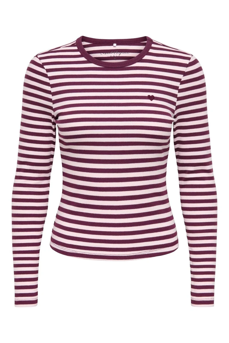 Only - Onlval L/S O-Neck Stripe Top - 5084119 Fig Pale Lilac (Mette) + Emb. Heart