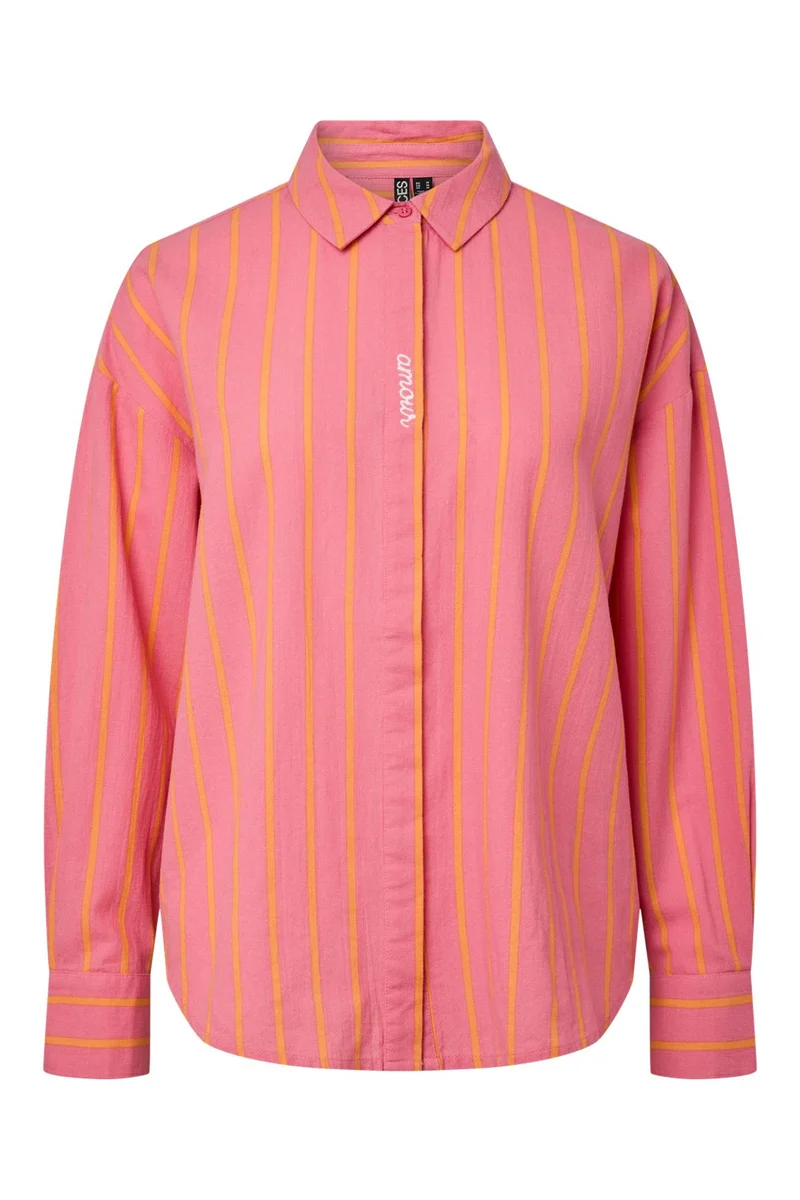 Pieces - Pcjavia Ls Stripe Shirt Fc - 5068776 Pink Lemonade Tangerine Stripes And White Emb
