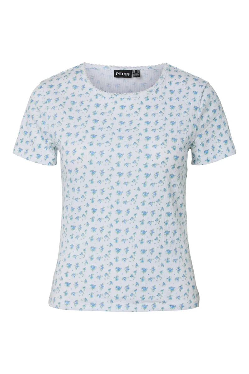 Pieces - Pcturiel Ss O-Neck Printed Tee - 4993295 Cloud Dancer Blue Flowers