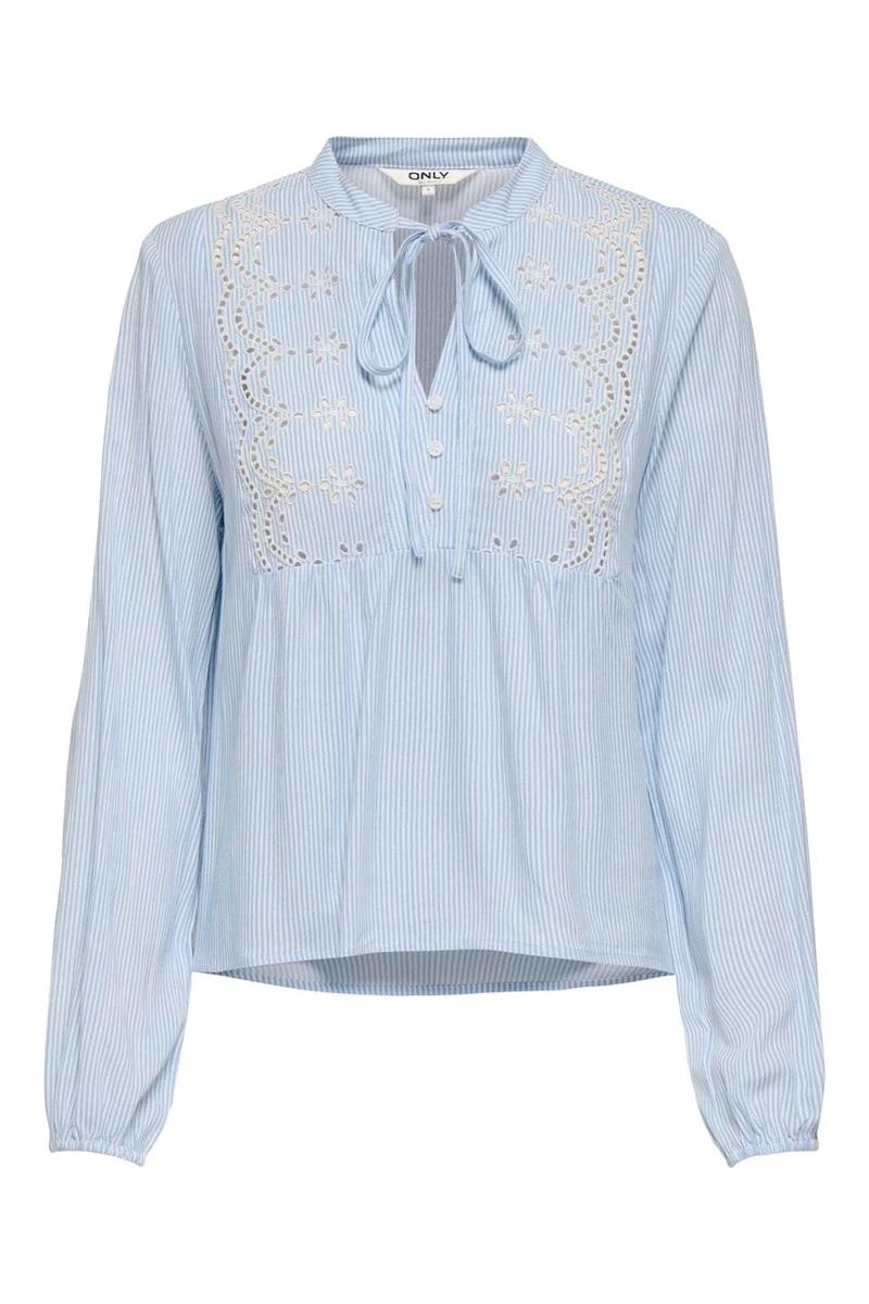 Only - Onllennyo Ls Embroid V-Neck Top - 4943002 Kentucky Blue Bright White