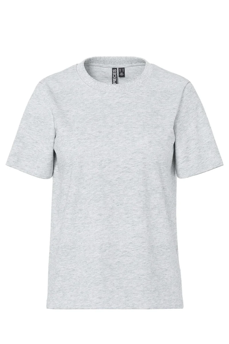 Pieces - Pcria Ss Lurex Neck Tee - 4991581 Light Grey Melange Lurex Rib