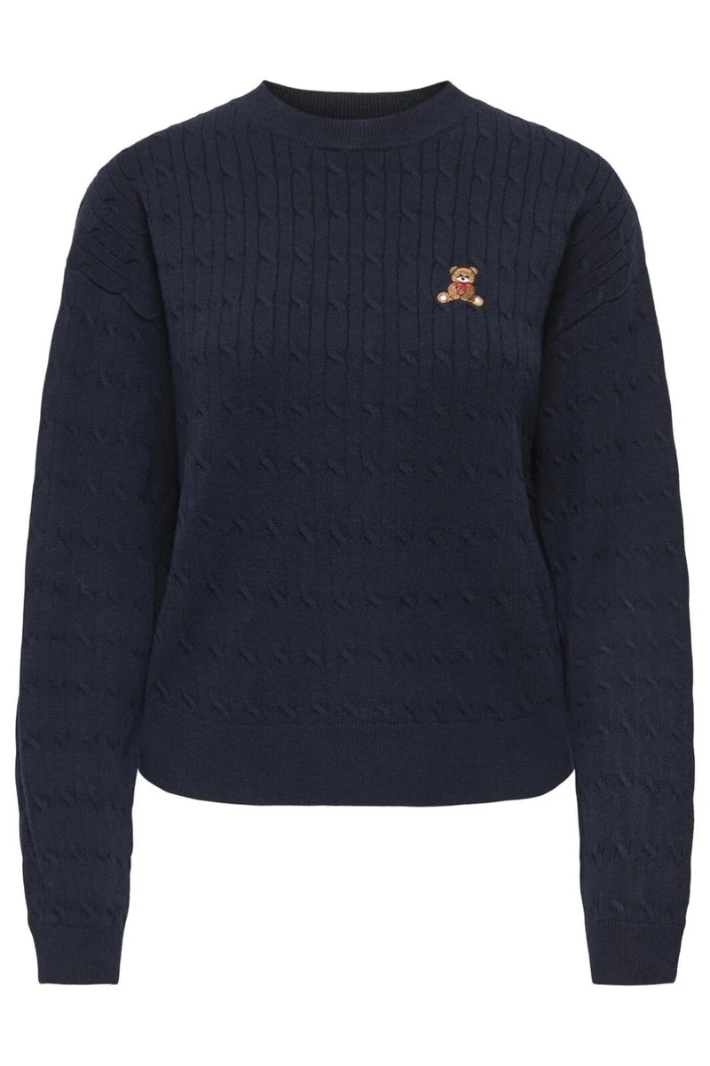 JDY - Jdyprime Life L/S On Cable Emb Pull Knt - 4952445 Dark Sapphire W. Teddy Embroidery